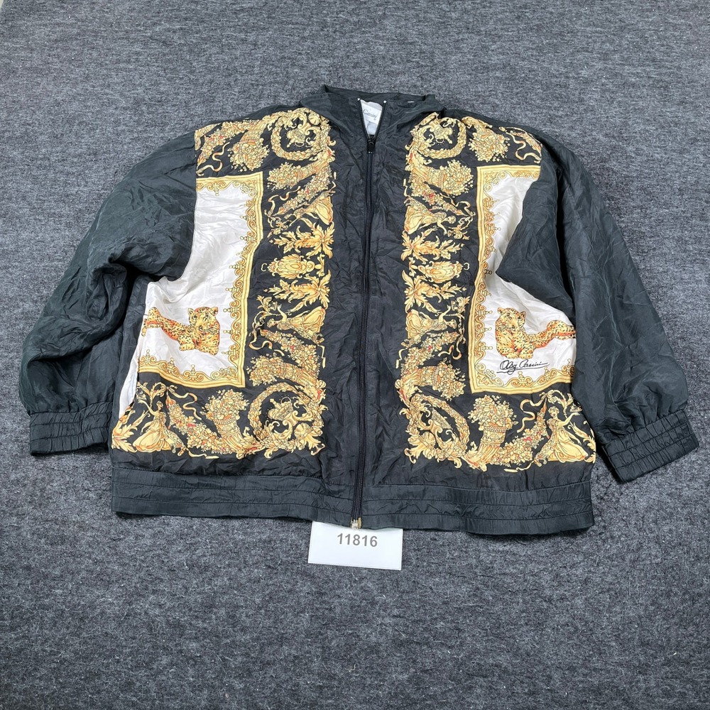 Vintage Oleg Cassini Silk Bomber Jacket 1X Black Gold Baroque Leopard Print Zip